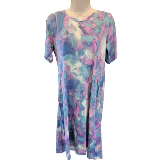 LOGO boho Teal Tie Dye Print Seamed Knit Midi pocket Dress SP S PETITE EUC - Picture 1 of 9